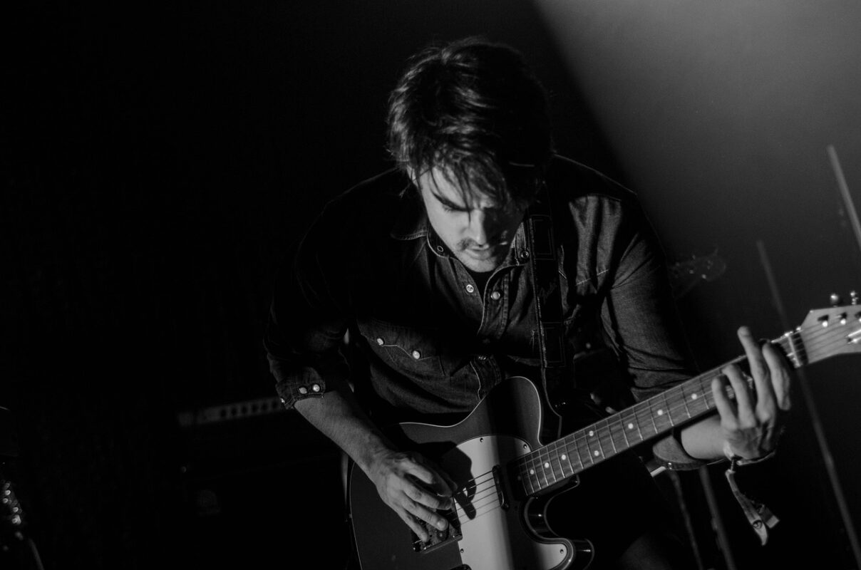 Close view of bass guitar strings